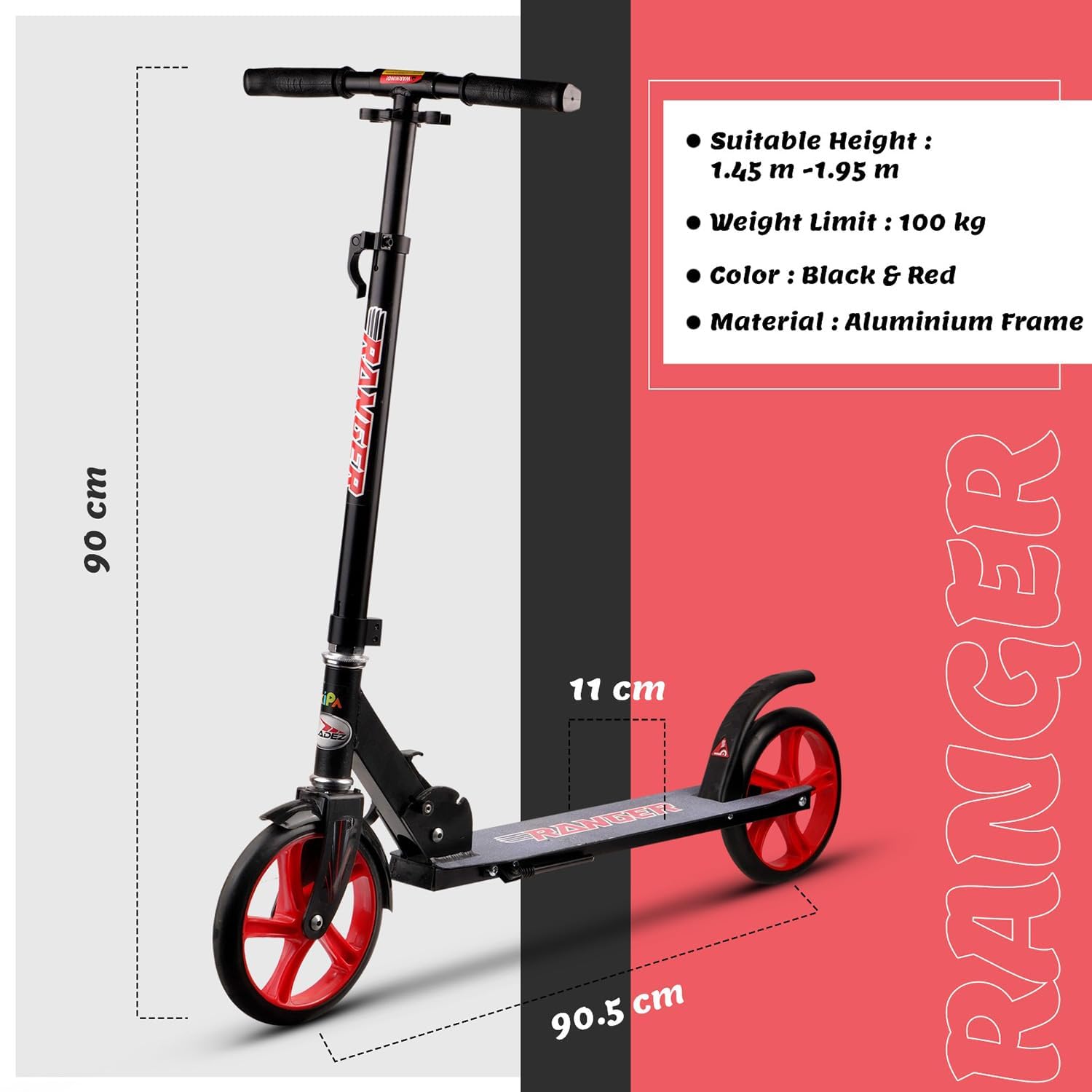 Braintastic Folding Ranger Kick Scooter Light Weight Made with Aeronautical Grade Aluminum Alloy with 3 Adjustment Levels Big 200 mm Wheels Scooters with Carry Strap for Kids