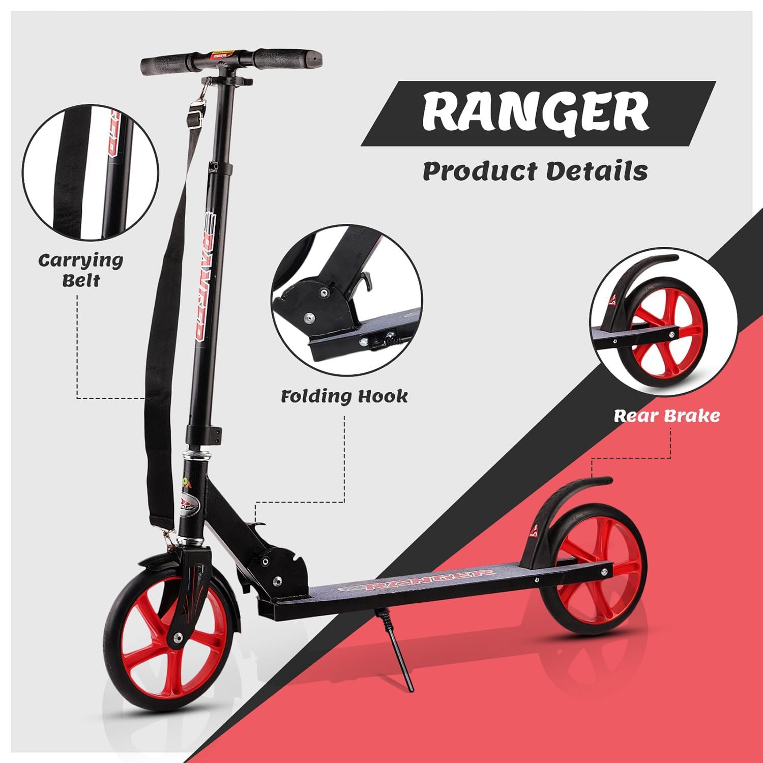 Braintastic Folding Ranger Kick Scooter Light Weight Made with Aeronautical Grade Aluminum Alloy with 3 Adjustment Levels Big 200 mm Wheels Scooters with Carry Strap for Kids