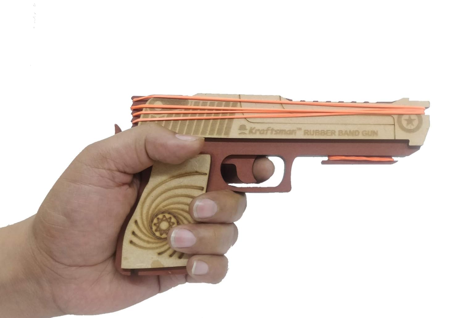 Braintastic Wooden Semi-Automatic Rubber Band Shooting Gun Toys with 5 Rapid Fire Shots for Kids (Beige Brown)