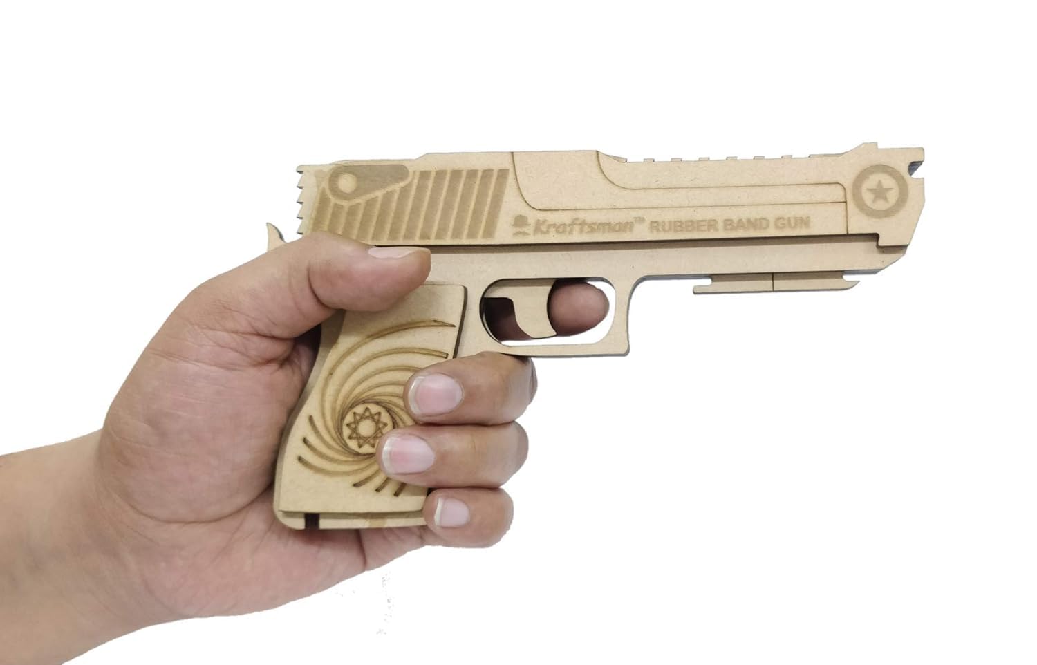 Braintastic Wooden Semi-Automatic Rubber Band Shooting Gun Toys with 5 Rapid Fire Shots for Kids (Beige)