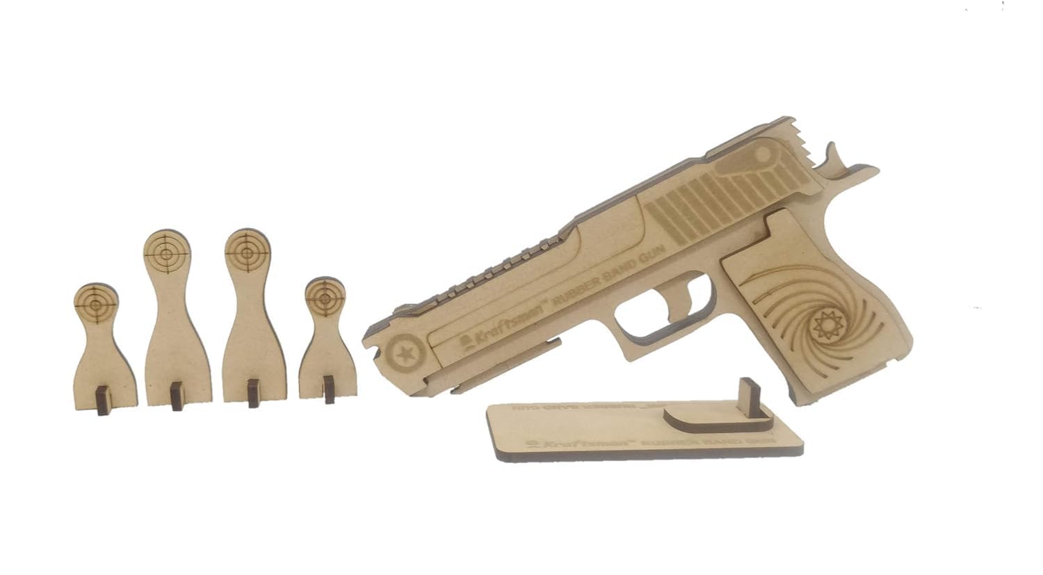 Braintastic Wooden Semi-Automatic Rubber Band Shooting Gun Toys with 5 Rapid Fire Shots for Kids (Beige)