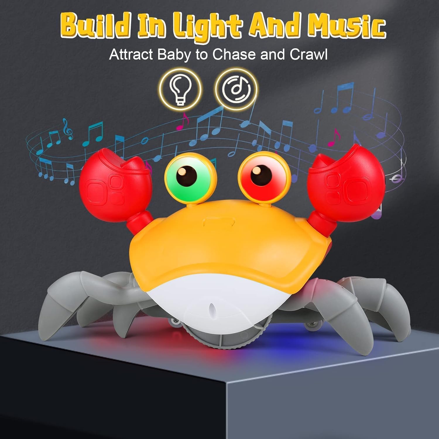 Braintastic Rechargeable Crawling Crab Baby Musical Toy with Led Lights & Music Interactive Early Learning Dancing Toys for Kids (Yellow Red)