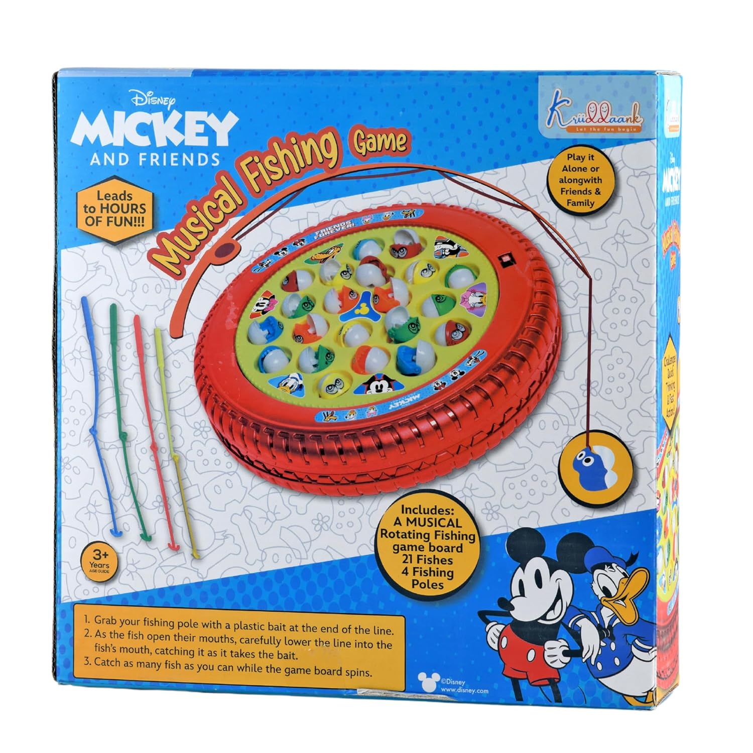 Disney Mickey Medium Musical Fishing Game Fish Catching Board Game Toy 21 Fishes with Medium Round Pond & 4 Fish Catching Sticks for Kids