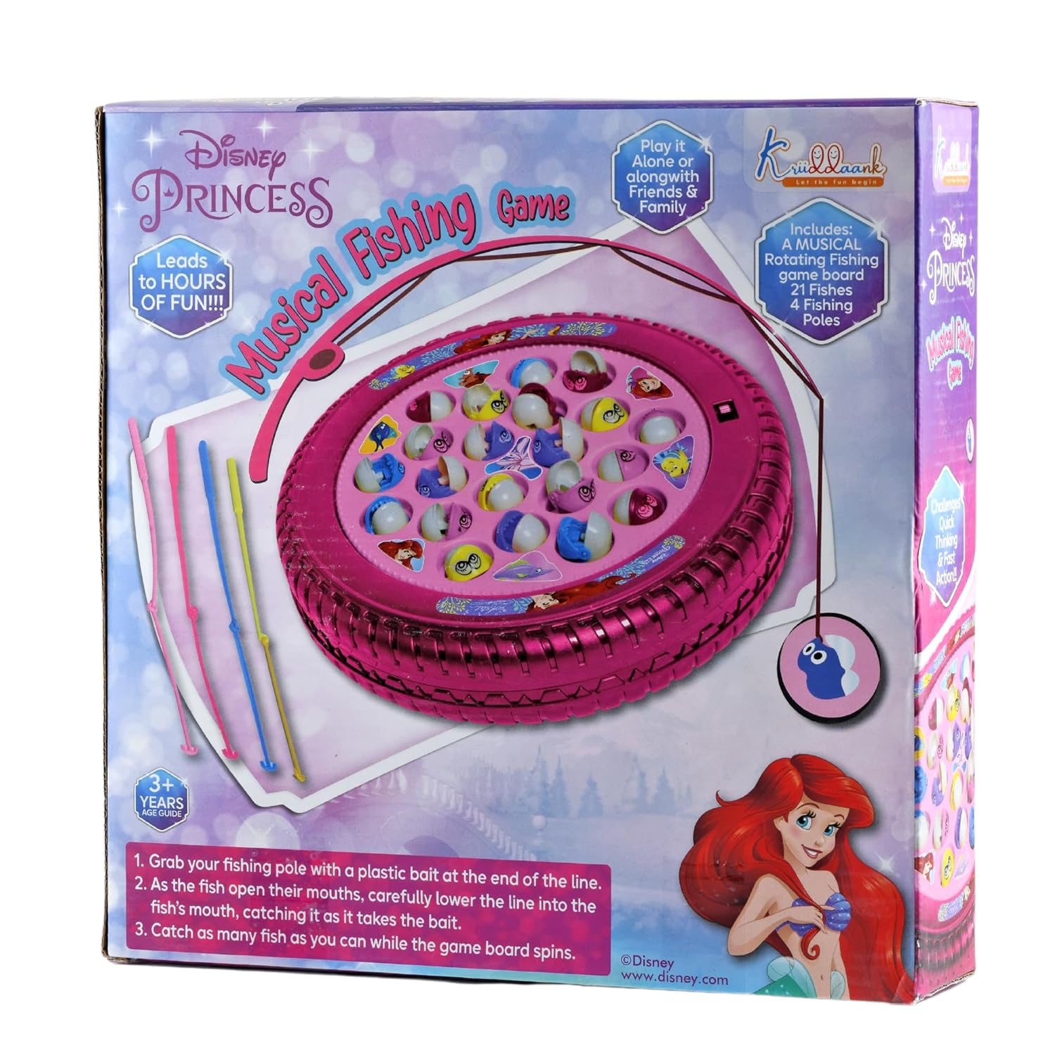 Disney Princess Medium Musical Fishing Game Fish Catching Board Game Toy 21 Fishes with Medium Round Pond & 4 Fish Catching Sticks for Kids