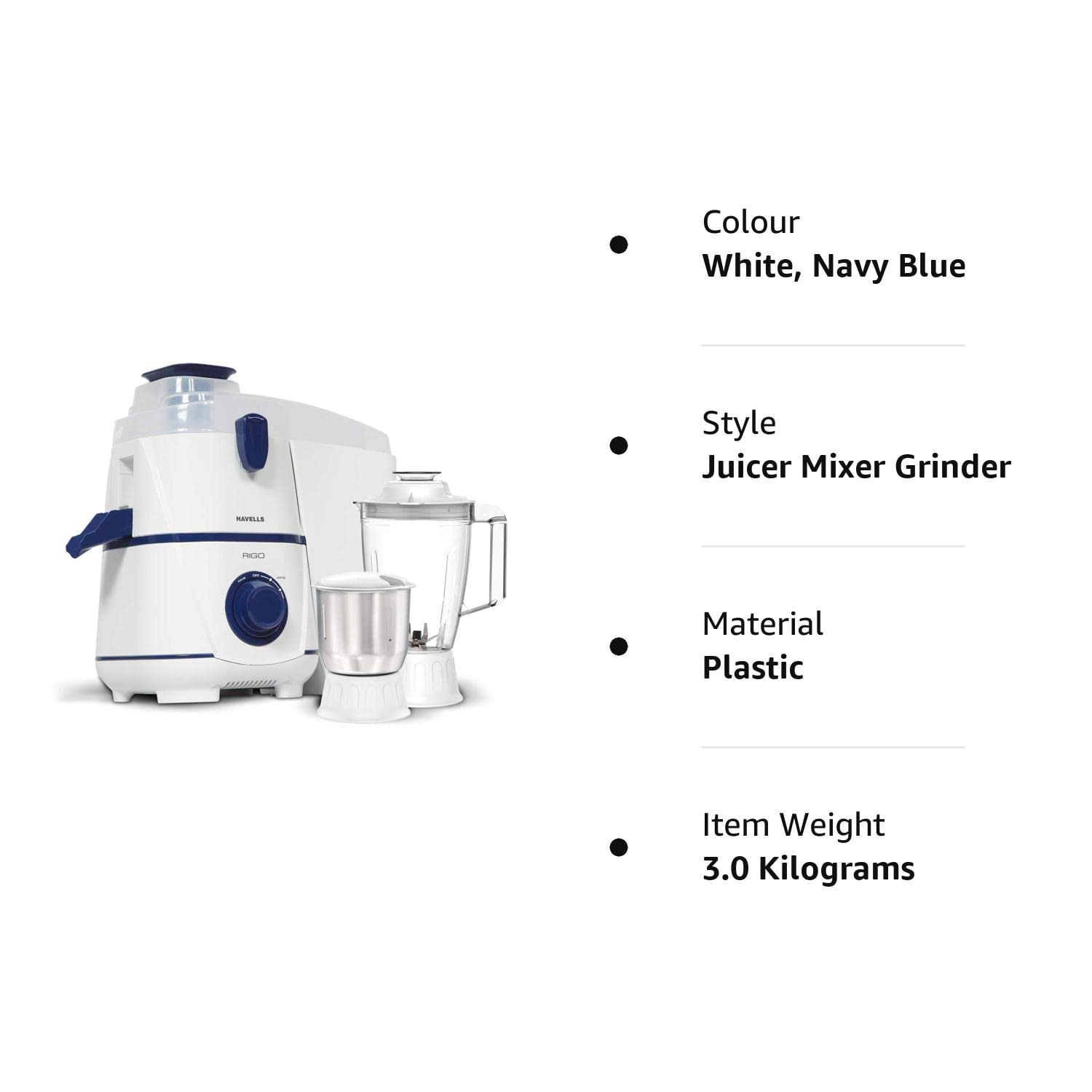 Havells Rigo Juicer Mixer Grinder, 500 Watt, 2 Jars (White and Navy Blue )